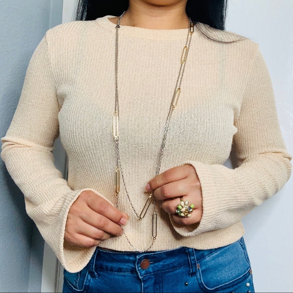 The Week Women Beige Long Wide Sleeves Round Neck Bohemian‎ Shirt Size Small